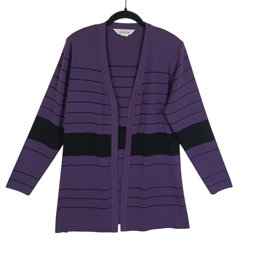 Exclusively Misook Purple Black Striped Open Front Cardigan Knit Jacket Medium